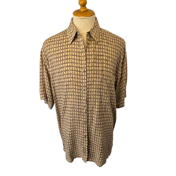 Campia Moda Y2K Rayon Btn Up Shirt Mens Sz L Short Sleeve Geometric Print on Tan - Picture 1 of 11